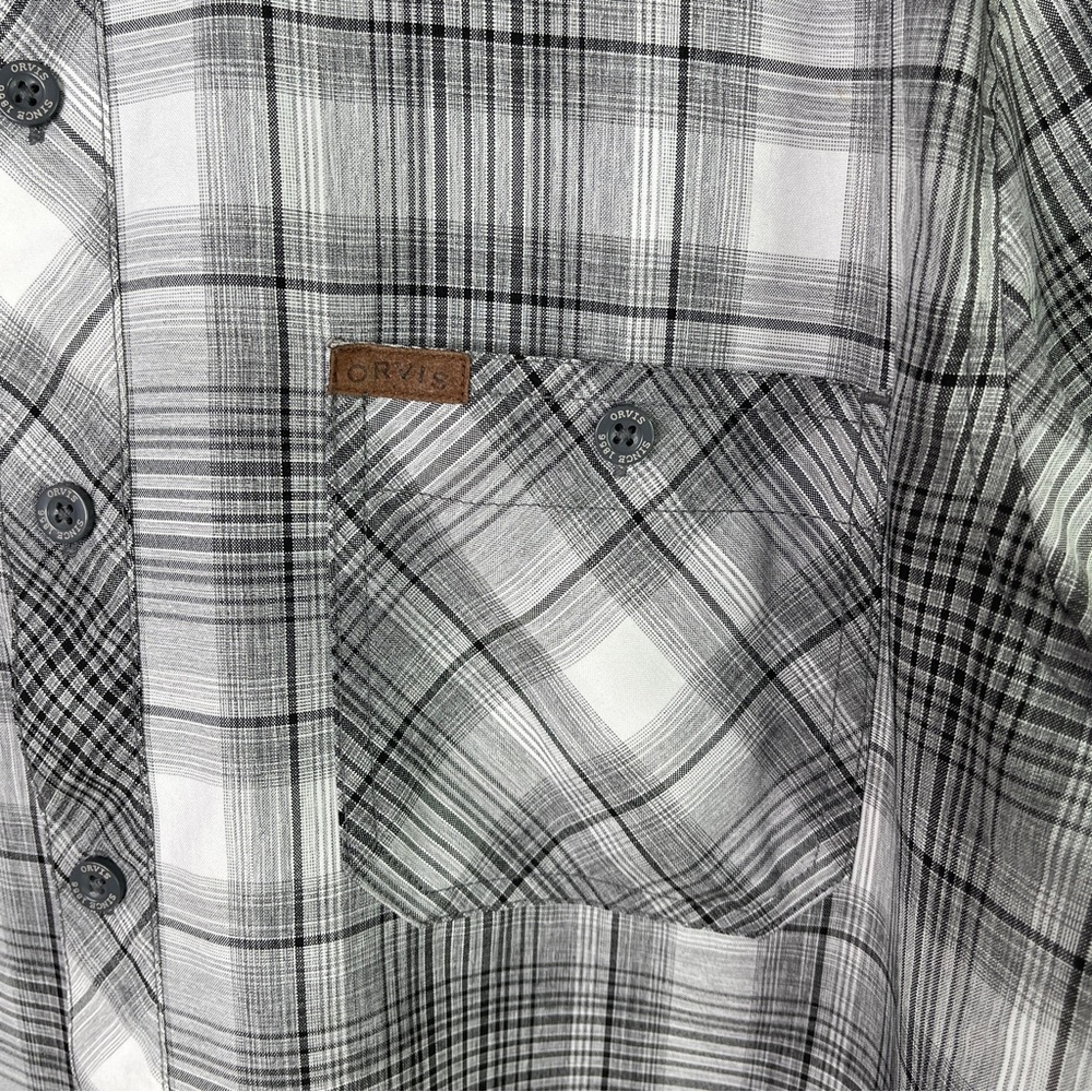 ORVIS Men’s Short Sleeve Black Gray & White Plaid Shirt Size L 100% Polyester - Picture 5 of 11